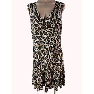 Vince Camuto Sleeveless Leopard Print Dress Size 14 With Ruched Waist And Flounc